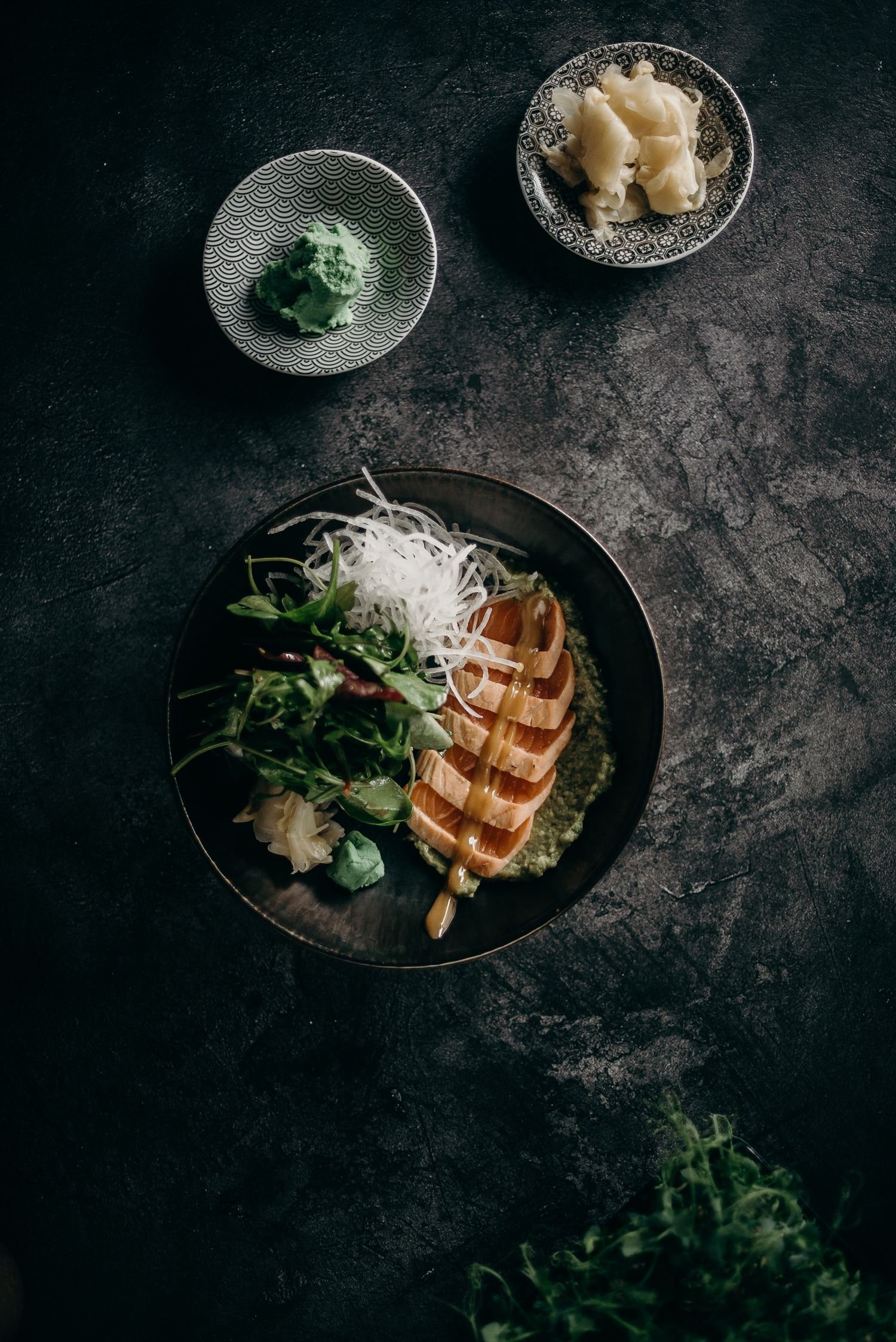 Controlled Japanese food composition viewed from above